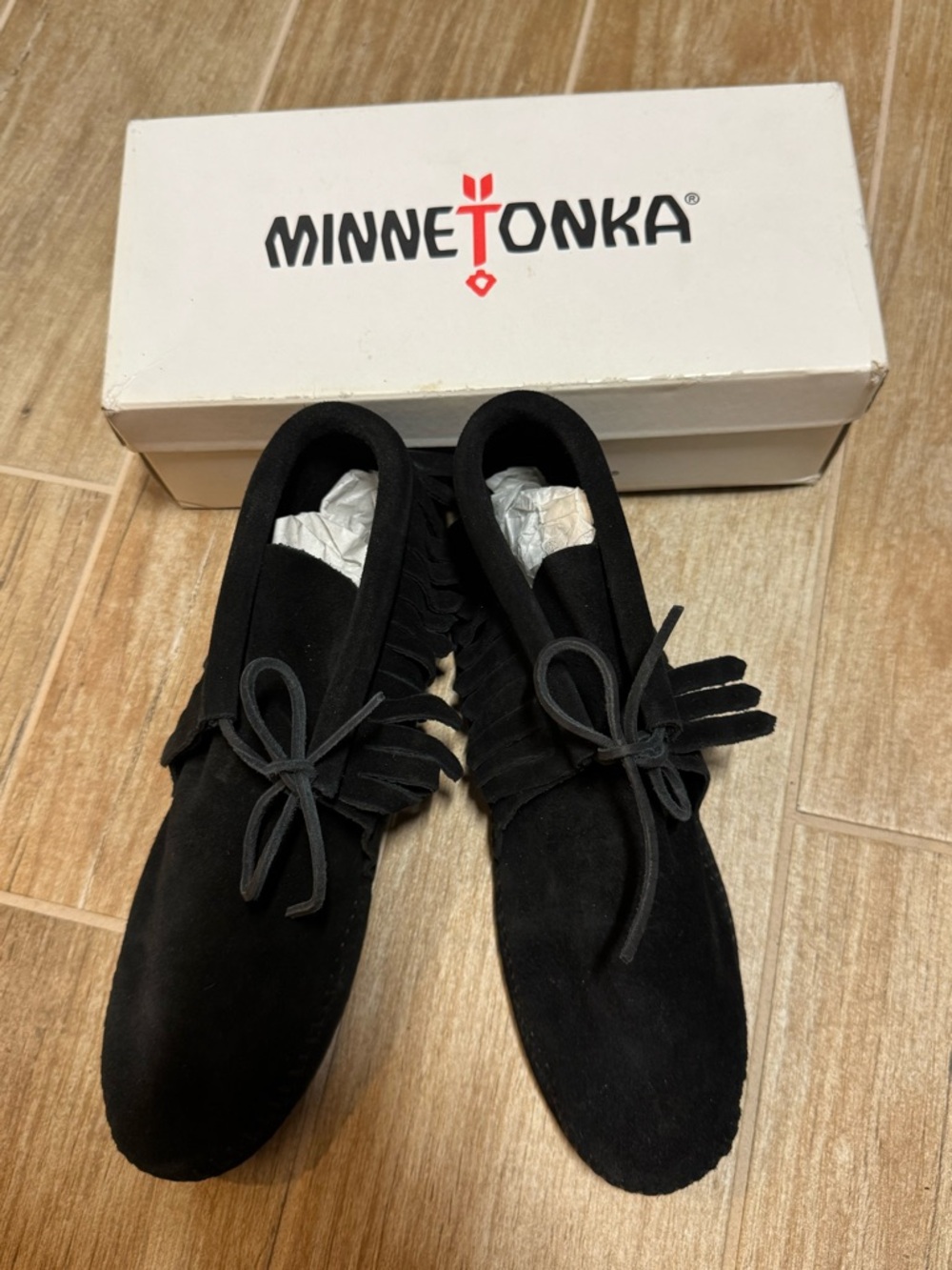 Minnetonka Black Suede Fringe Slip-On Moccasins